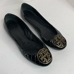 Tory Burch black quilted patent leather ballet flats